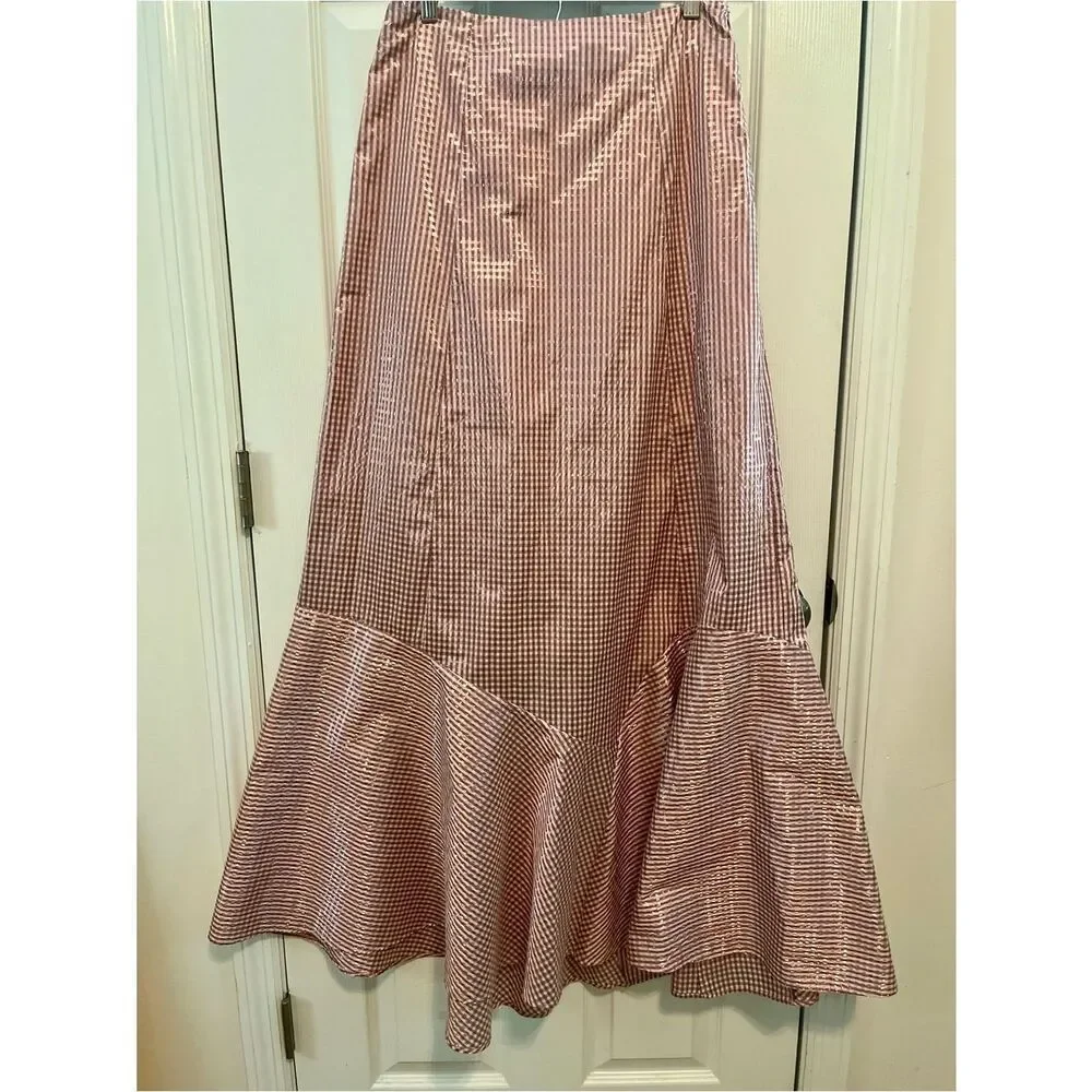 Brøgger Metallic Gingham Midi Skirt Designer Hem Pink M